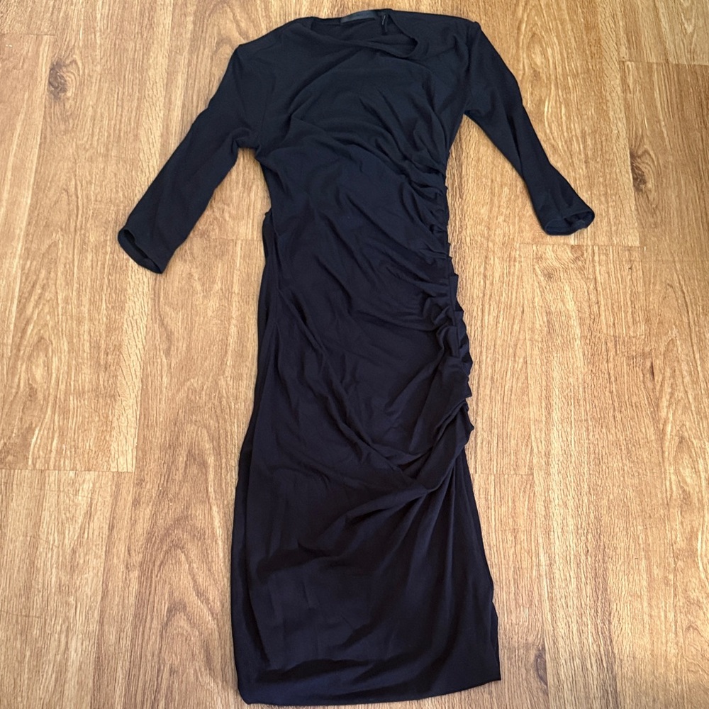 Helmut Lang Elegant Black Ruched Long Sleeve Dress